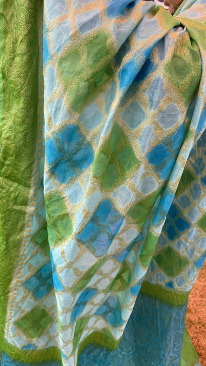 Blue & Green Pure Banarasi Khaddi Georgette Handloom Leheriya Saree by Shades Of Benares - banarasi - banarasi saree shop