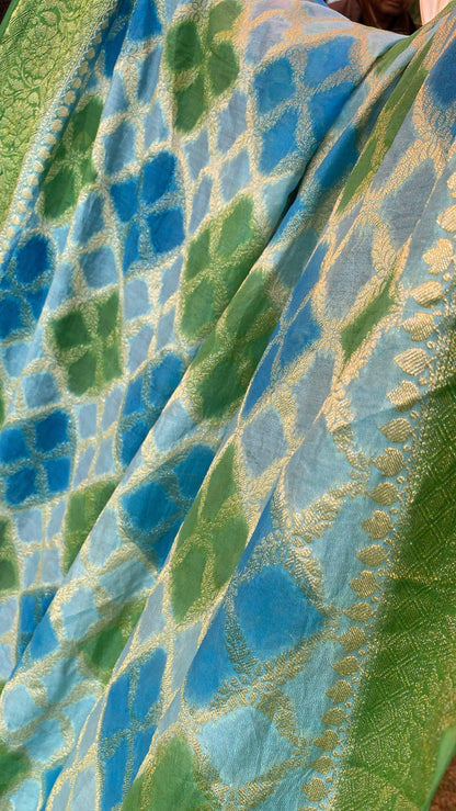 Blue & Green Pure Banarasi Khaddi Georgette Handloom Leheriya Saree by Shades Of Benares - banarasi - banarasi saree shop