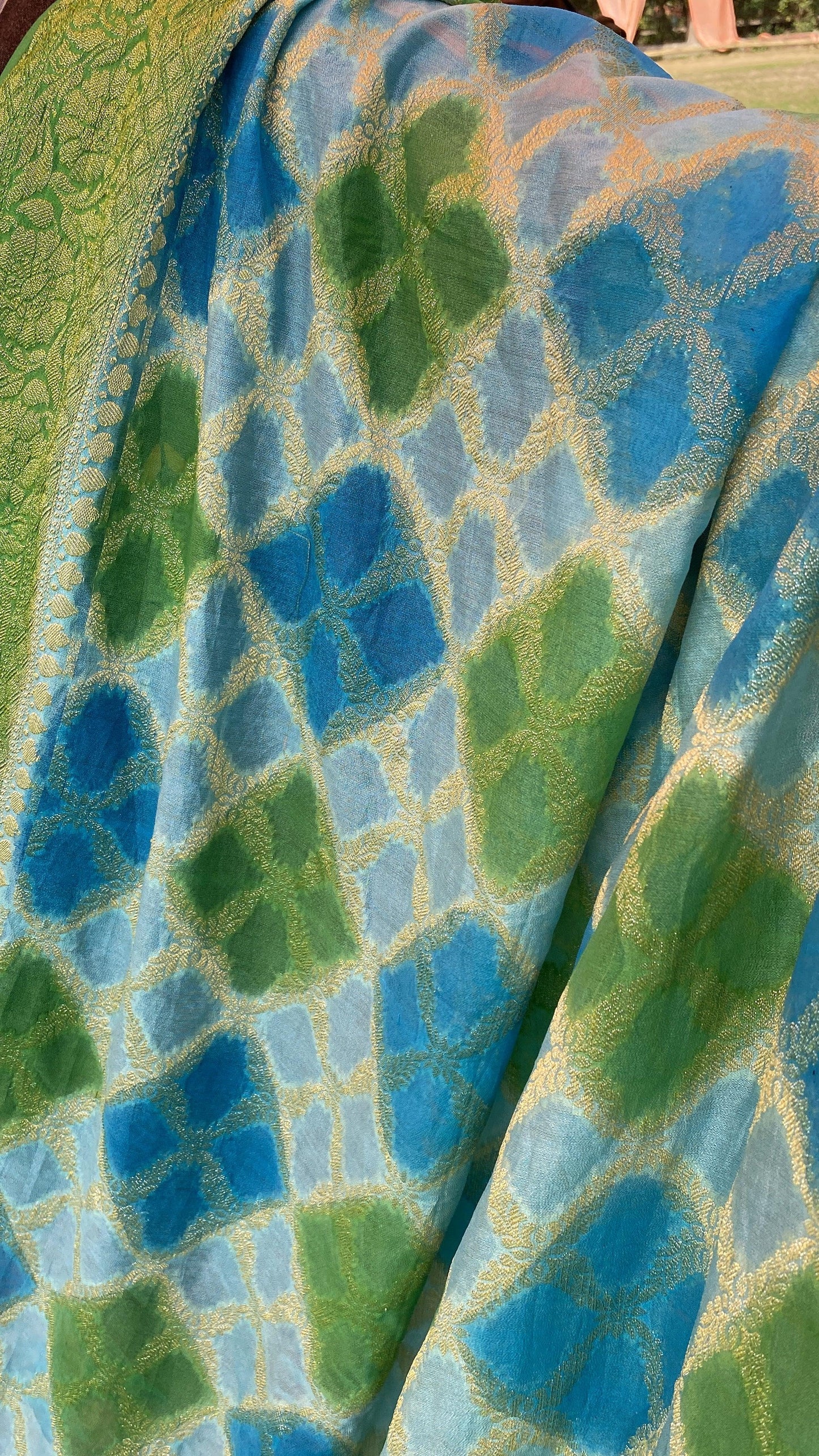 Blue & Green Pure Banarasi Khaddi Georgette Handloom Leheriya Saree by Shades Of Benares - banarasi - banarasi saree shop