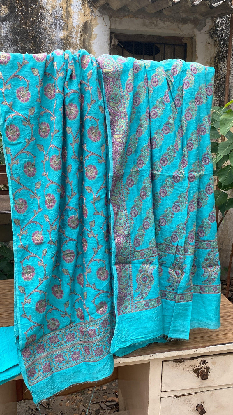 Blue Handloom Pure Chiffon Banarasi 3 pcs ladies suit by Shades Of Benares - banarasi - banarasi saree shop