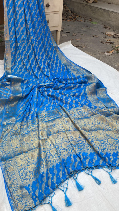 Blue Handloom Pure Chiffon Banarasi Saree by Shades Of Benares - banarasi - banarasi saree shop