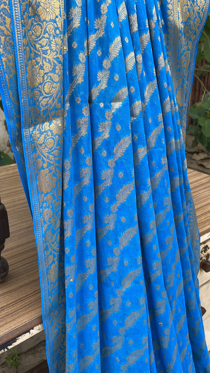 Blue Handloom Pure Chiffon Banarasi Saree by Shades Of Benares - banarasi - banarasi saree shop