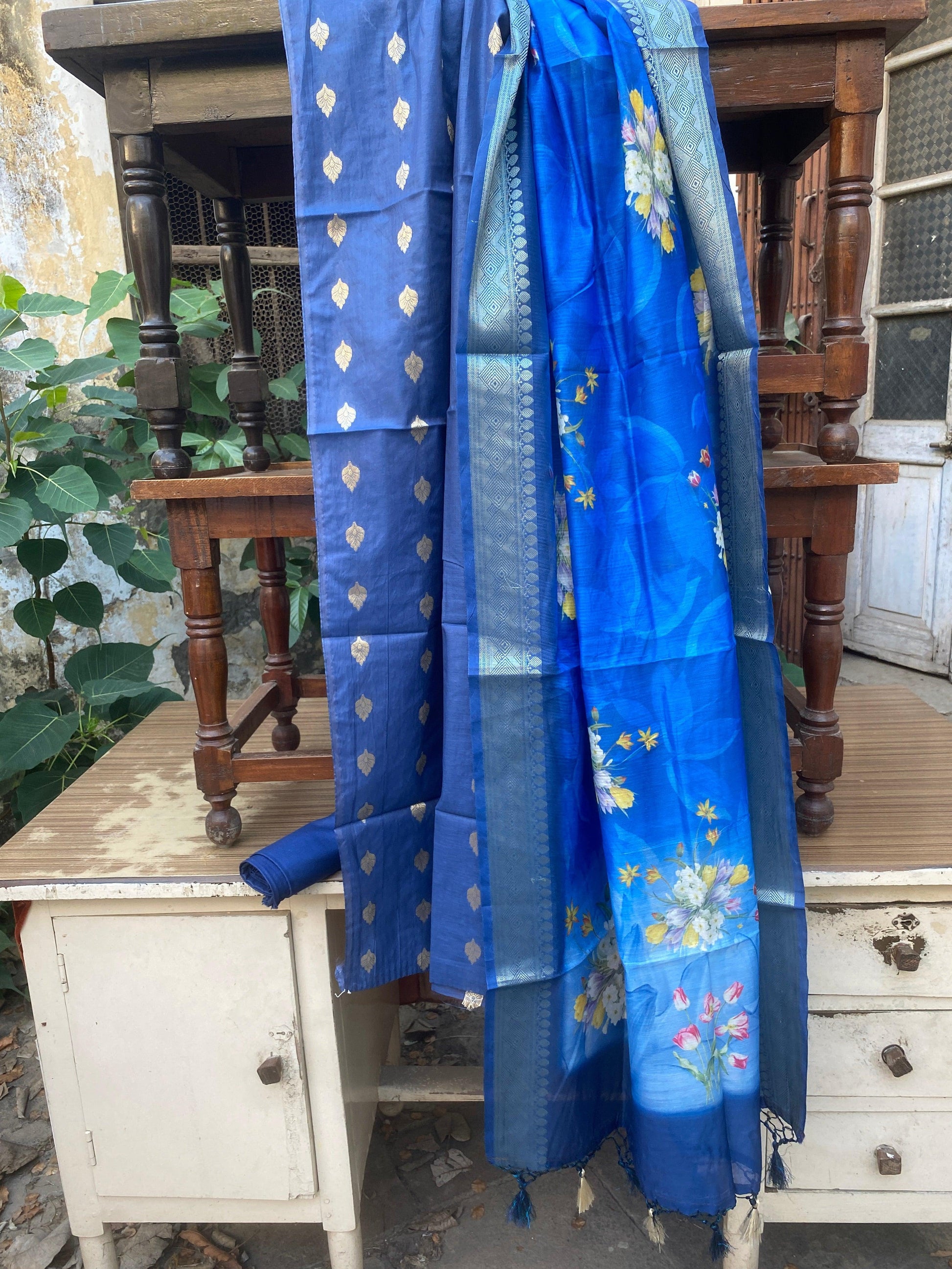 Blue Handloom Pure Cotton Banarasi 3 pcs ladies suit by Shades Of Benares - banarasi - banarasi saree shop