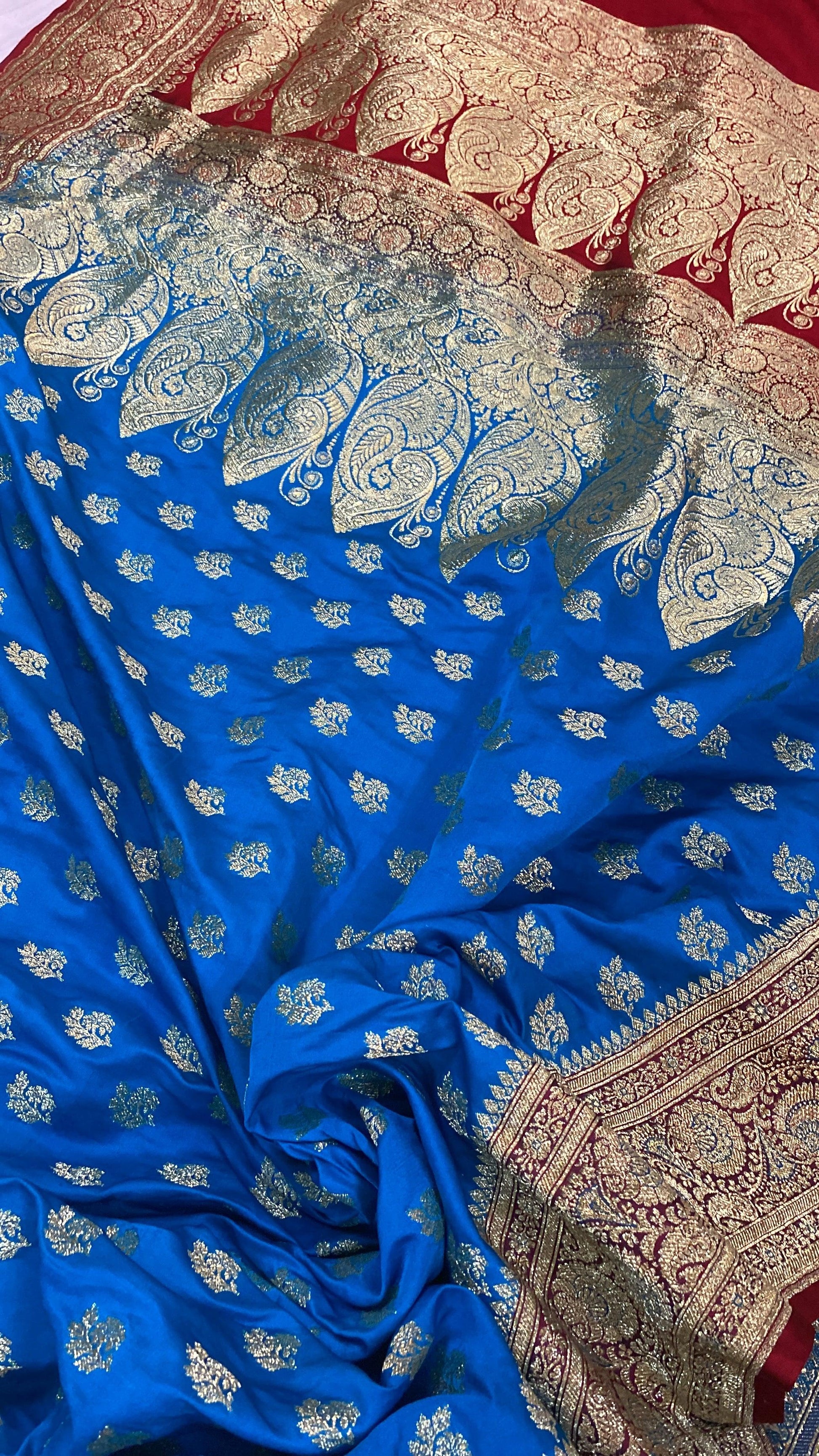 Blue Handloom Pure Satin Silk Banarasi Saree by Shades Of Benares - banarasi - banarasi saree shop