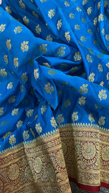 Blue Handloom Pure Satin Silk Banarasi Saree by Shades Of Benares - banarasi - banarasi saree shop