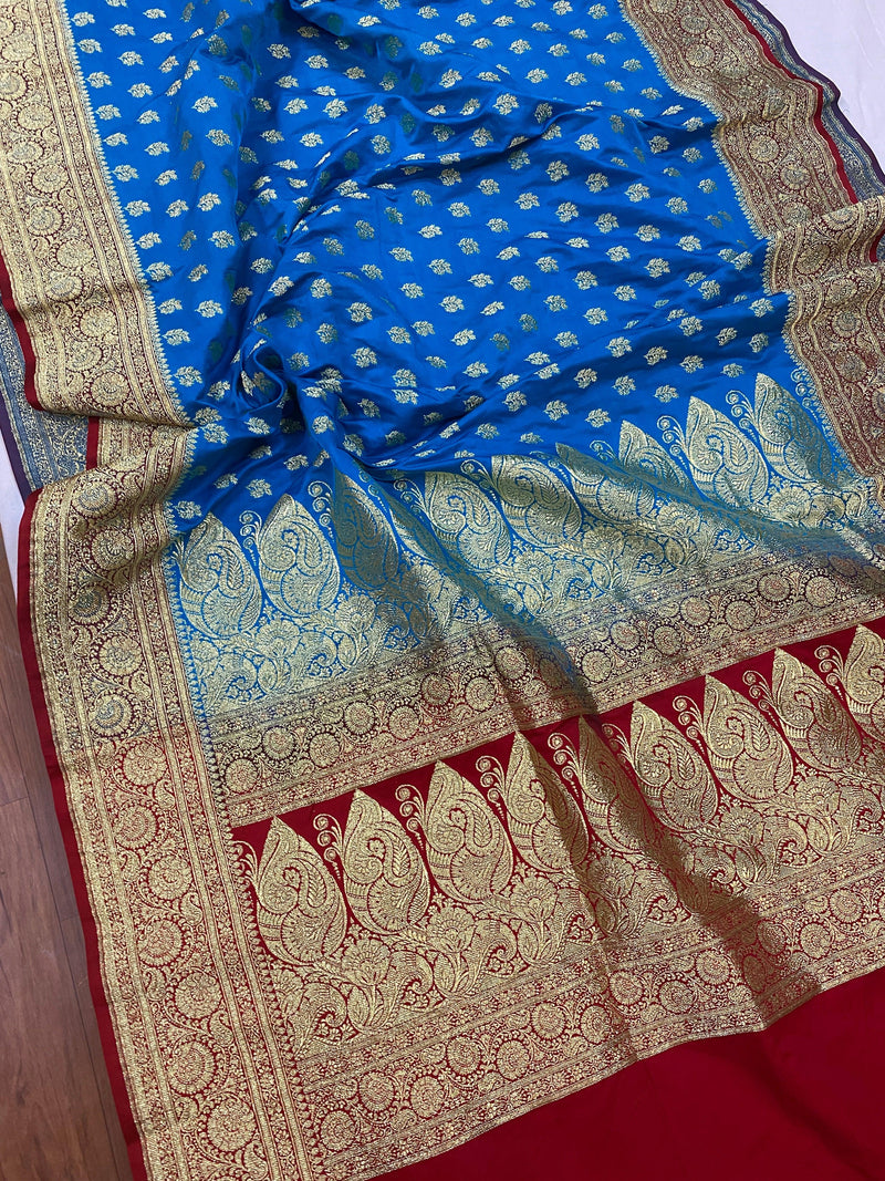 Blue Handloom Pure Satin Silk Banarasi Saree by Shades Of Benares - banarasi - banarasi saree shop