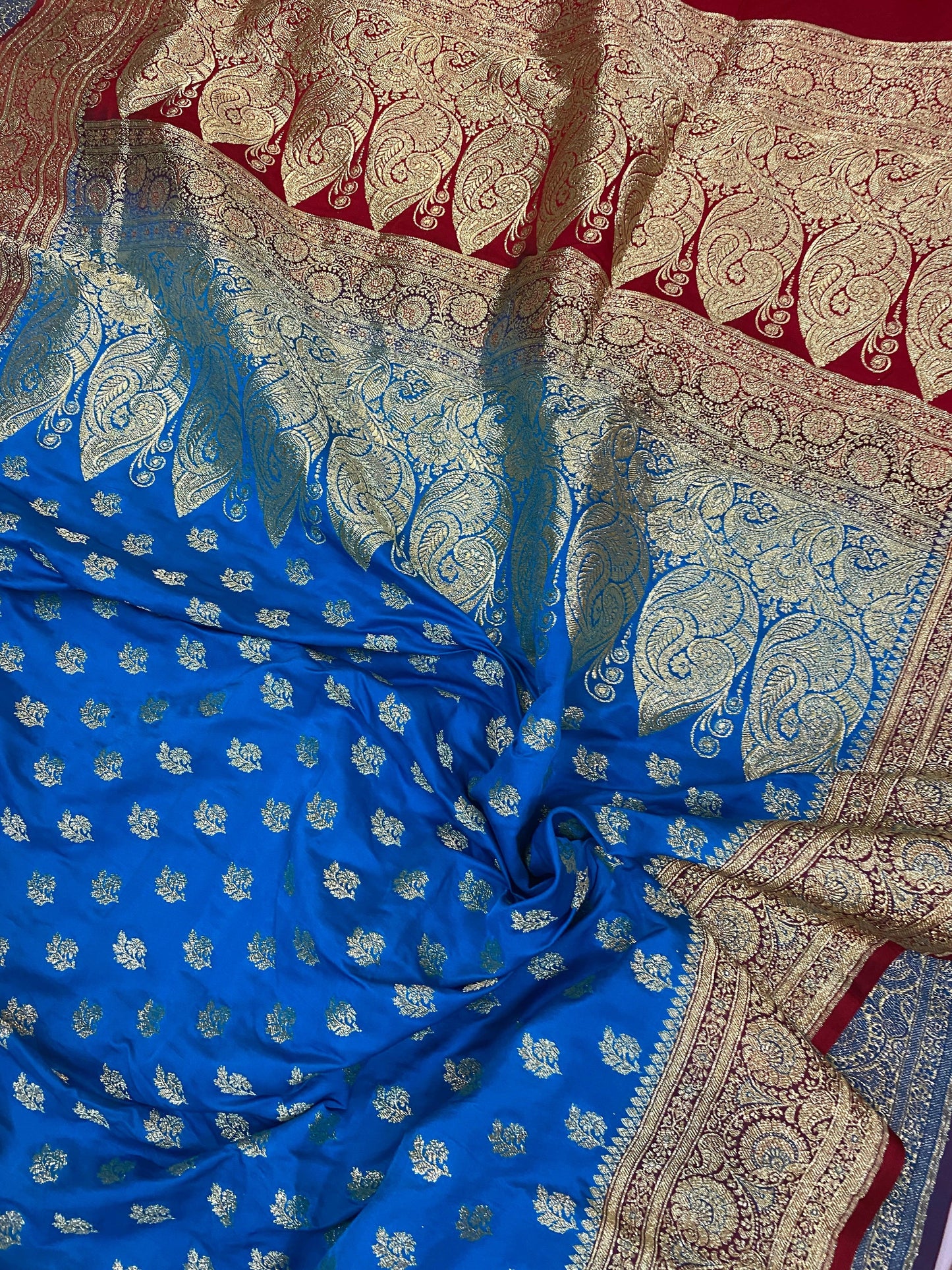 Blue Handloom Pure Satin Silk Banarasi Saree by Shades Of Benares - banarasi - banarasi saree shop