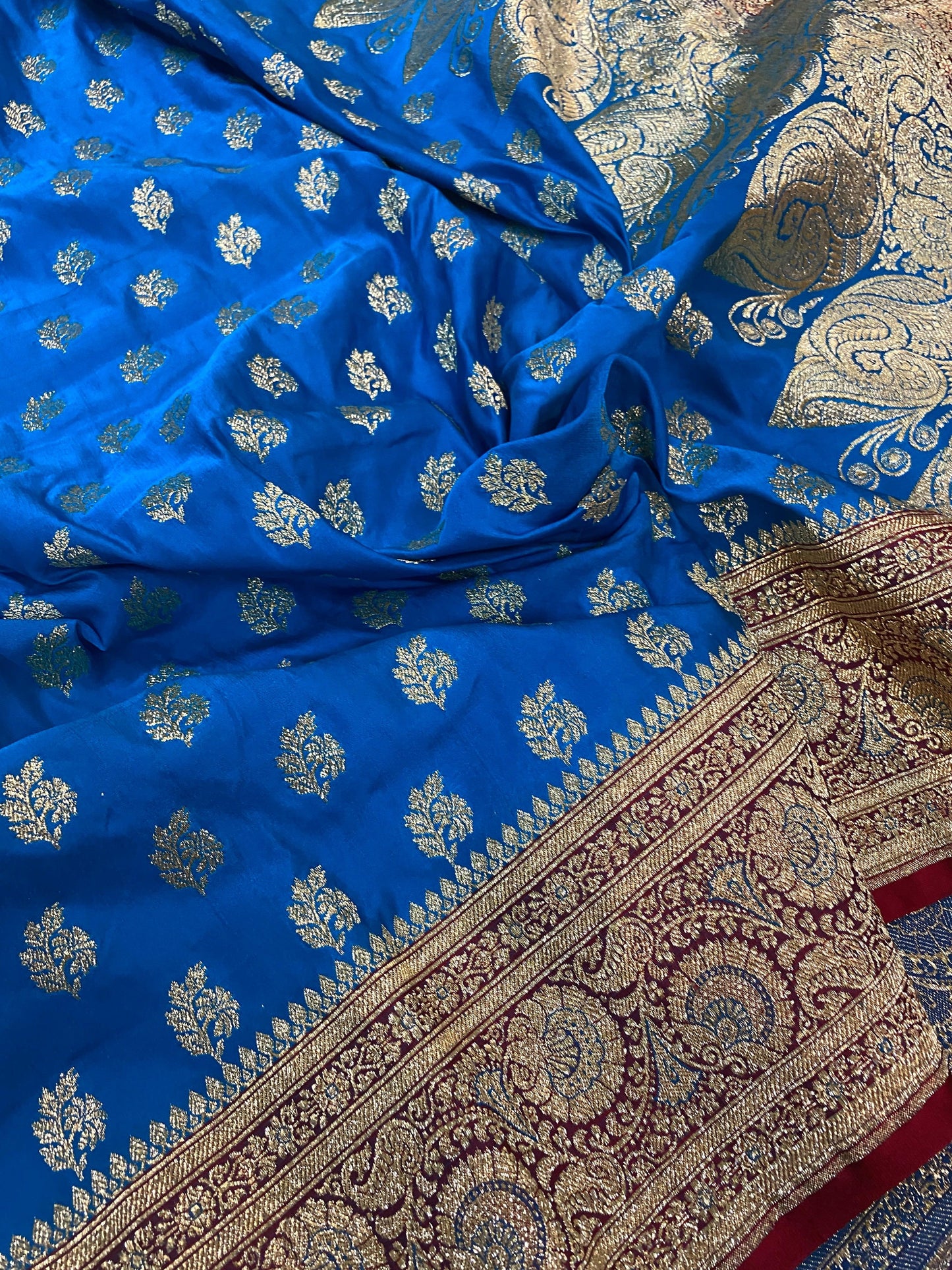 Blue Handloom Pure Satin Silk Banarasi Saree by Shades Of Benares - banarasi - banarasi saree shop