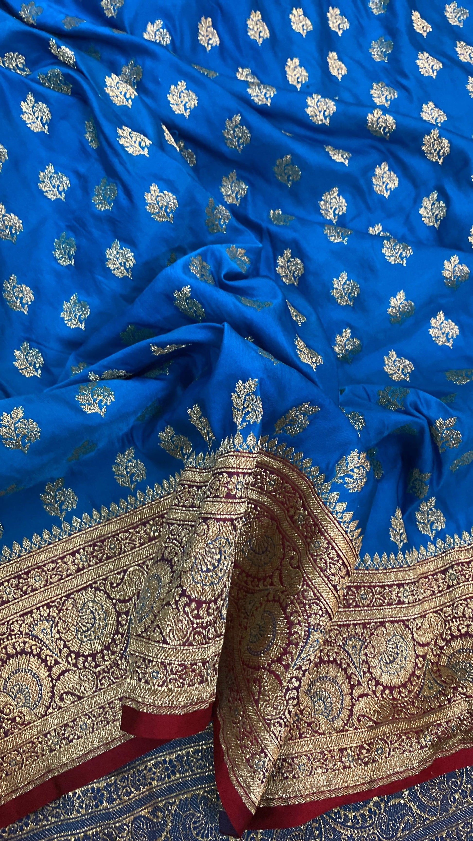 Blue Handloom Pure Satin Silk Banarasi Saree by Shades Of Benares - banarasi - banarasi saree shop