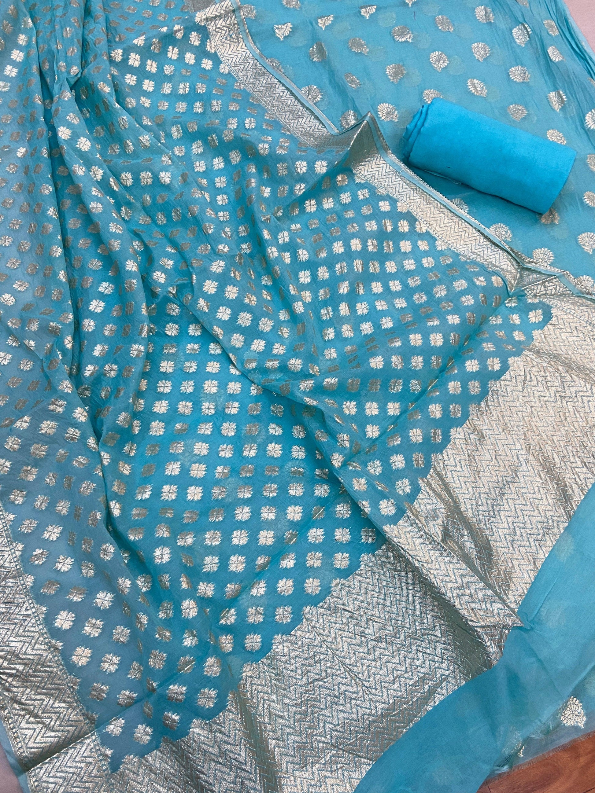 Blue Pure Banarasi Cotton Silk Handloom 3 Pcs Ladies Suit by Shades Of Benares - banarasi - banarasi saree shop