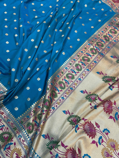 Blue Pure Banarasi Katan Silk Handloom Saree- Paithani by Shades Of Benares - banarasi - banarasi saree shop