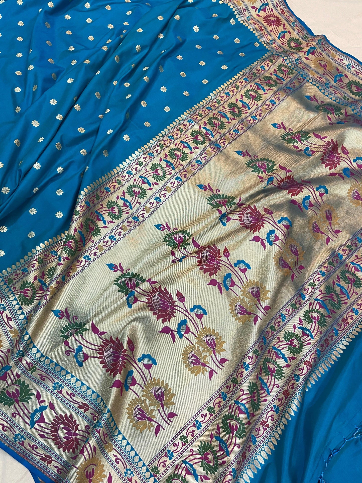 Blue Pure Banarasi Katan Silk Handloom Saree- Paithani by Shades Of Benares - banarasi - banarasi saree shop