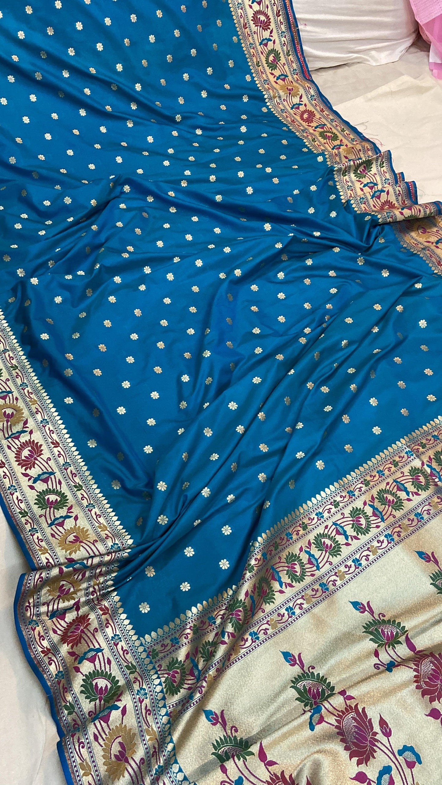 Blue Pure Banarasi Katan Silk Handloom Saree- Paithani by Shades Of Benares - banarasi - banarasi saree shop