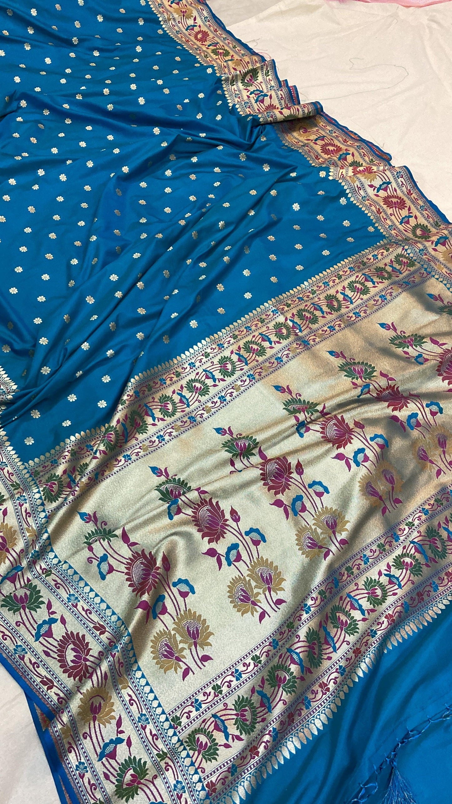 Blue Pure Banarasi Katan Silk Handloom Saree- Paithani by Shades Of Benares - banarasi - banarasi saree shop