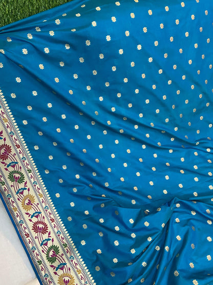 Blue Pure Banarasi Katan Silk Handloom Saree- Paithani by Shades Of Benares - banarasi - banarasi saree shop