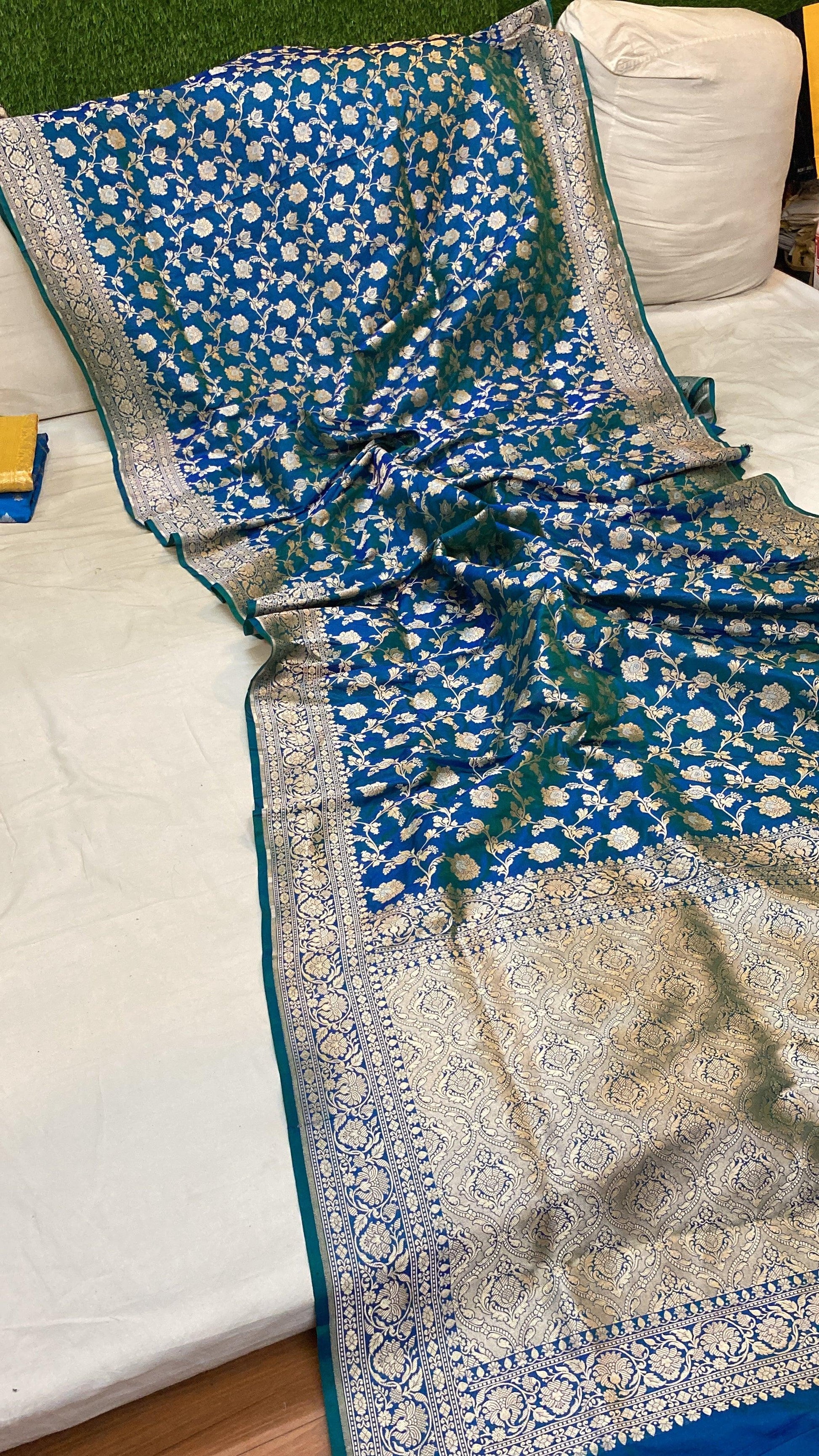 Blue Pure Katan Silk Handloom Banarasi Saree by Shades Of Benares - banarasi - banarasi saree shop