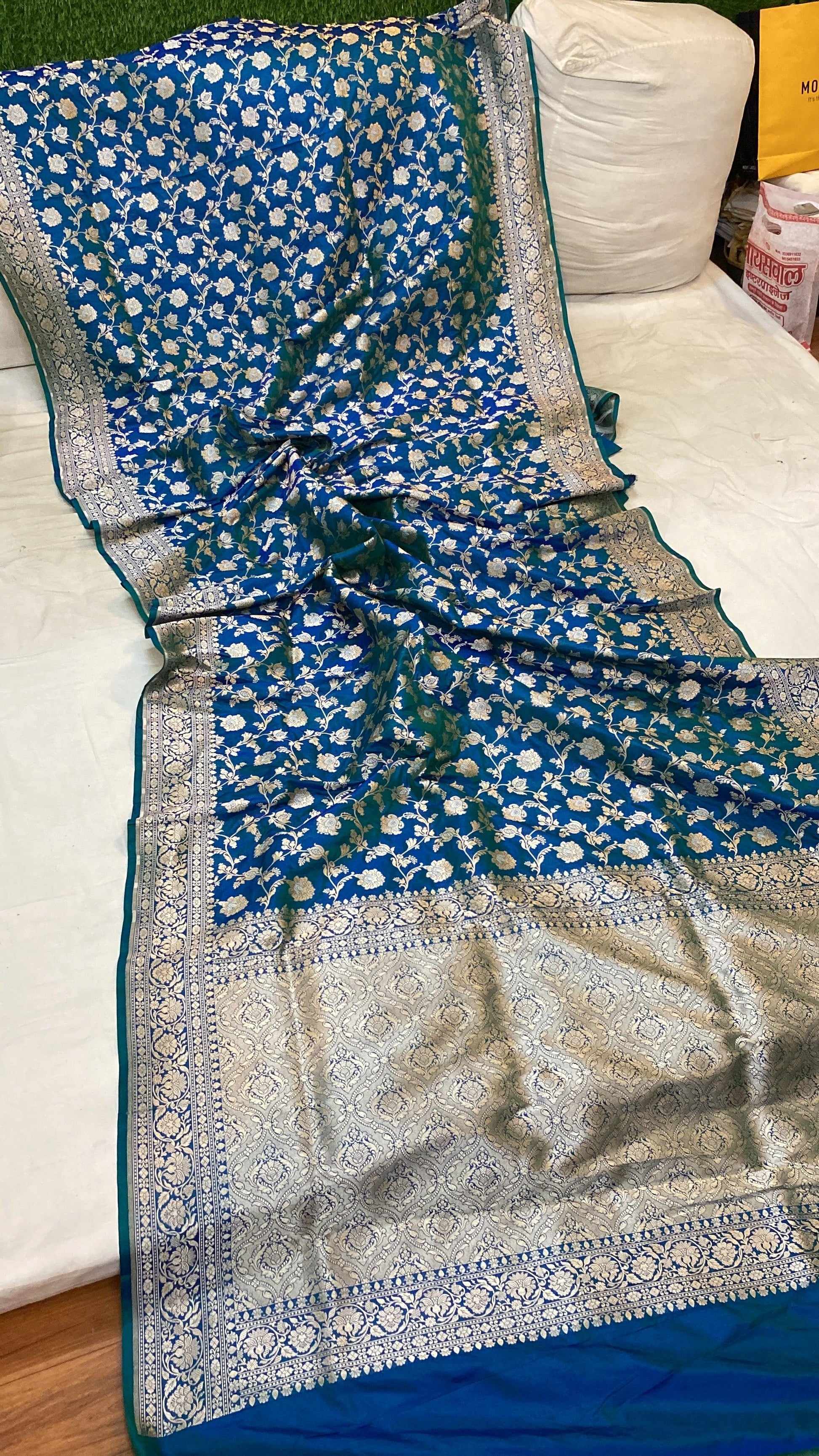 Blue Pure Katan Silk Handloom Banarasi Saree by Shades Of Benares - banarasi - banarasi saree shop