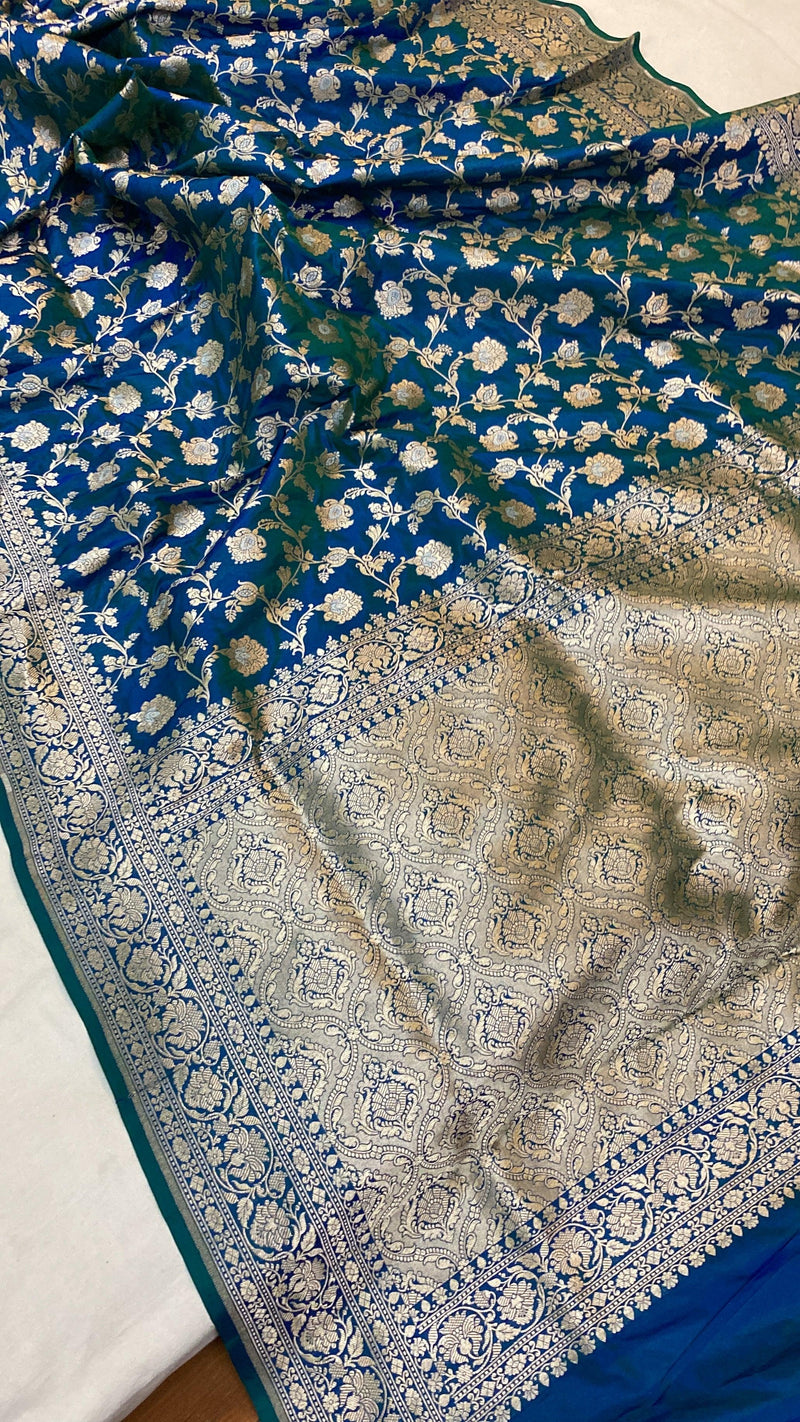 Blue Pure Katan Silk Handloom Banarasi Saree by Shades Of Benares - banarasi - banarasi saree shop