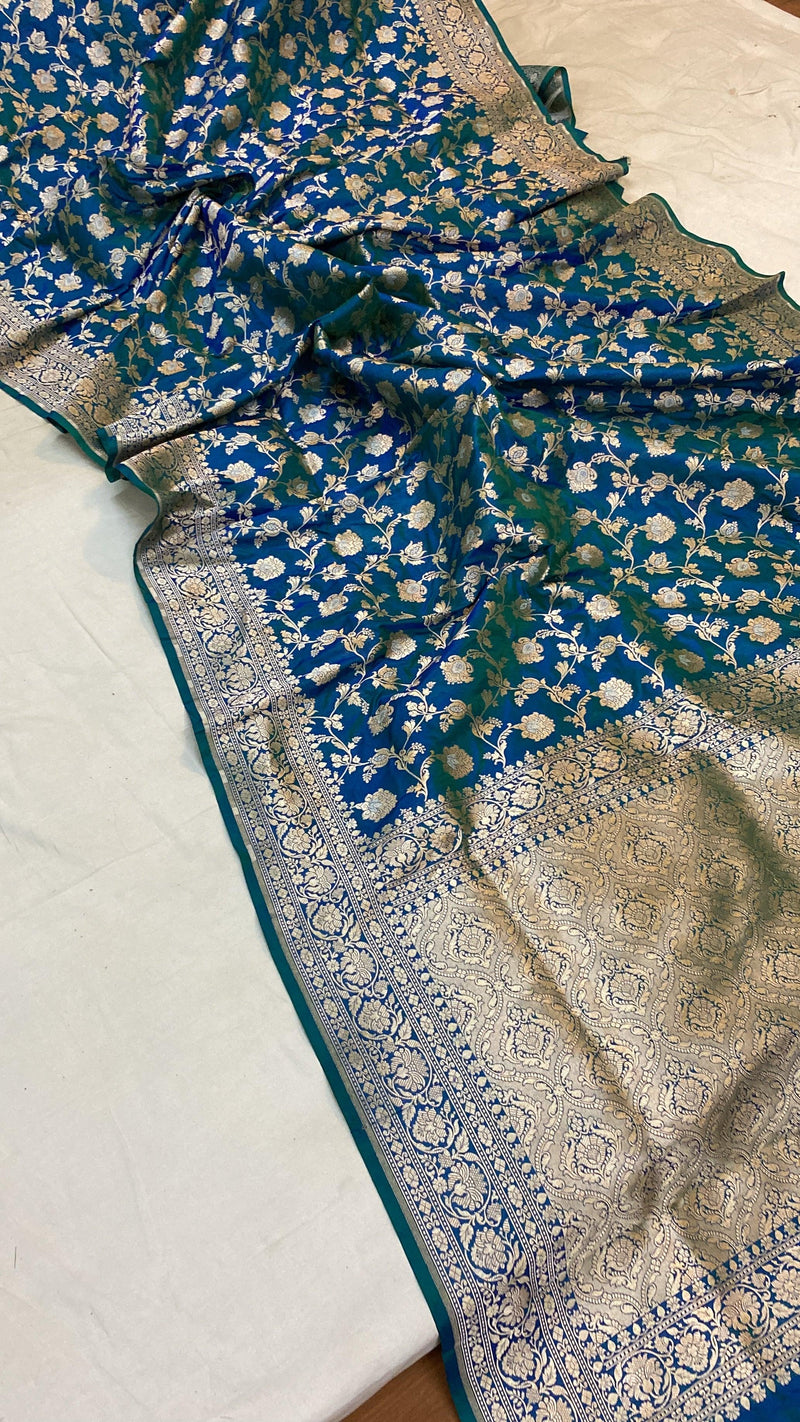 Blue Pure Katan Silk Handloom Banarasi Saree by Shades Of Benares - banarasi - banarasi saree shop