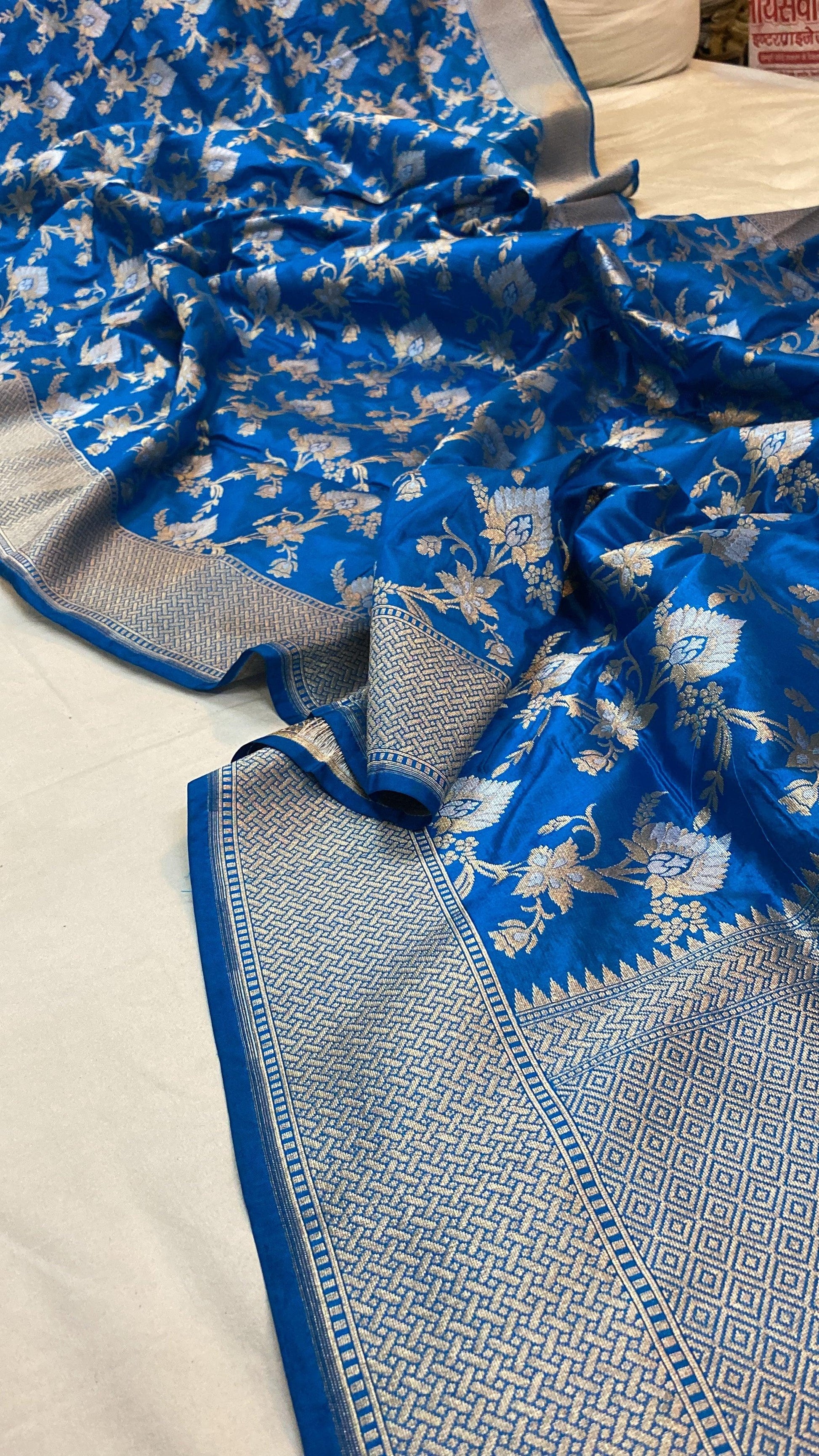 Blue Pure Katan Silk Handloom Banarasi Saree by Shades Of Benares - banarasi - banarasi saree shop