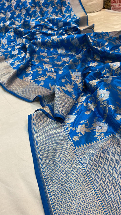 Blue Pure Katan Silk Handloom Banarasi Saree by Shades Of Benares - banarasi - banarasi saree shop