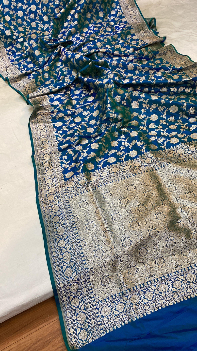 Blue Pure Katan Silk Handloom Banarasi Saree by Shades Of Benares - banarasi - banarasi saree shop