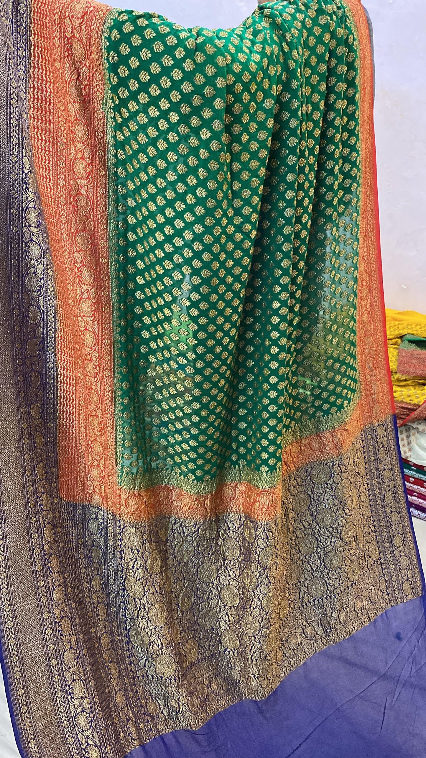 Bottle Green And Navy Blue Pure Banarasi Khaddi Georgette Handloom Saree by Shades Of Benares - banarasi - banarasi saree shop