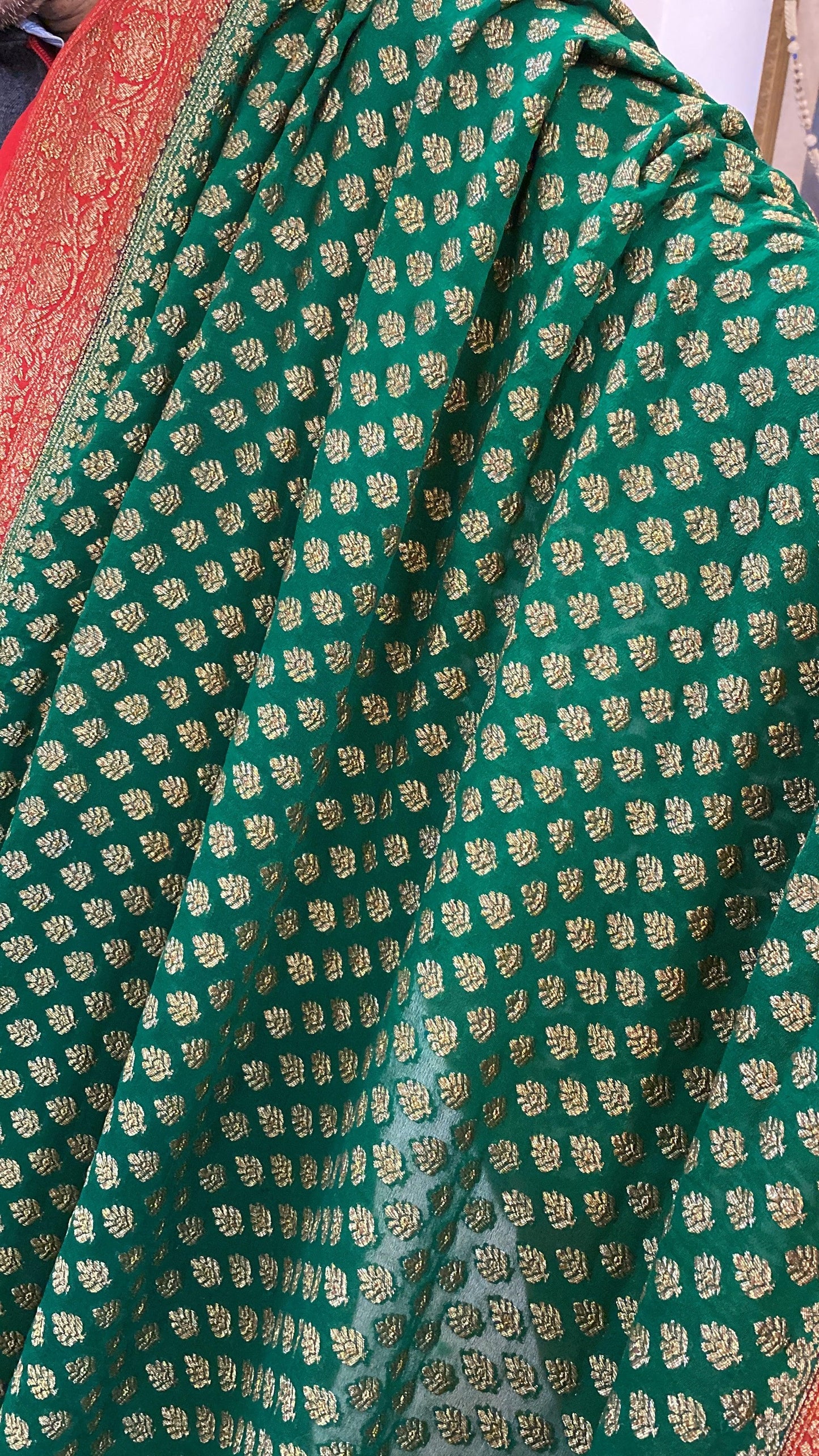 Bottle Green And Navy Blue Pure Banarasi Khaddi Georgette Handloom Saree by Shades Of Benares - banarasi - banarasi saree shop