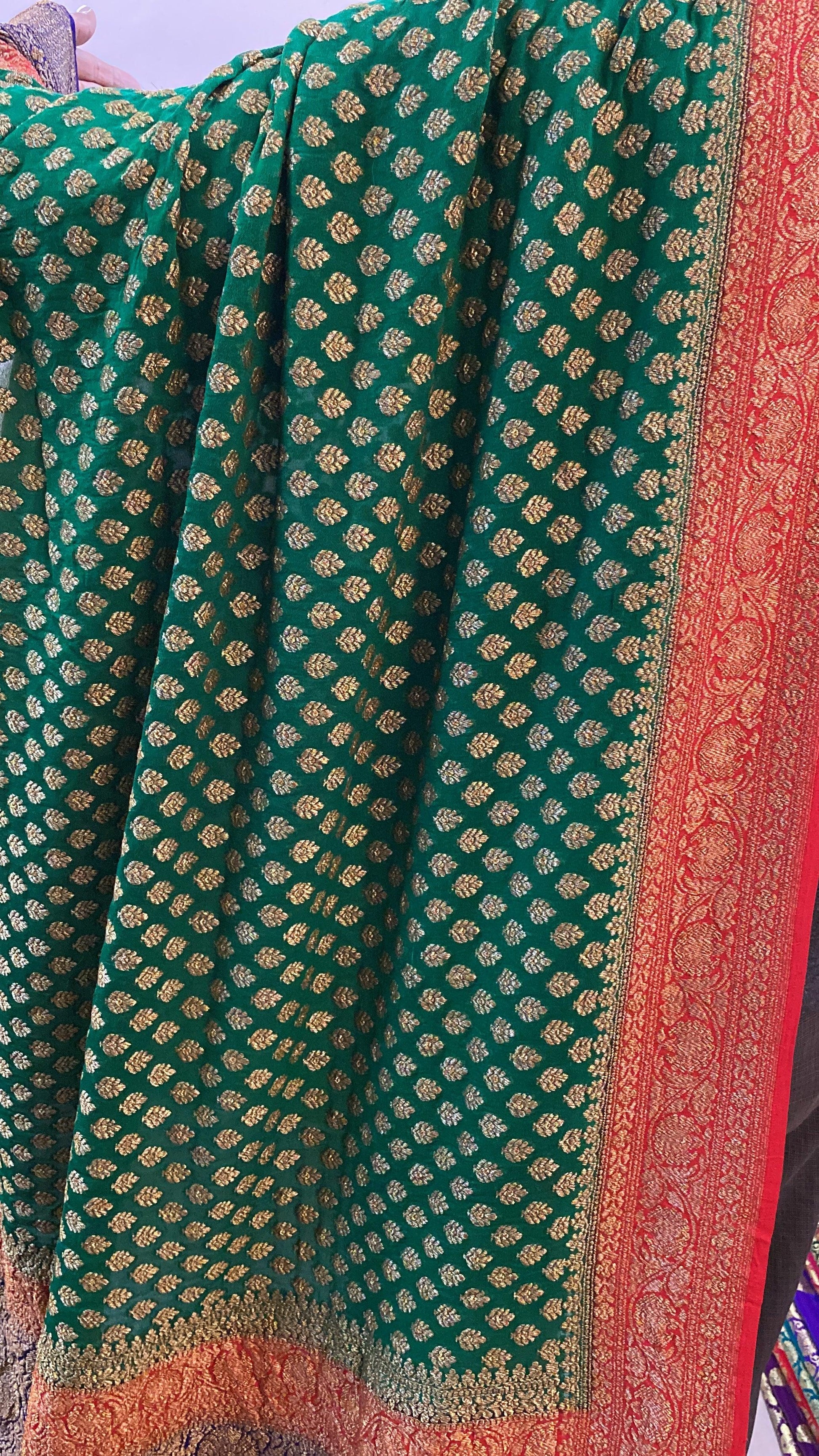 Bottle Green And Navy Blue Pure Banarasi Khaddi Georgette Handloom Saree by Shades Of Benares - banarasi - banarasi saree shop