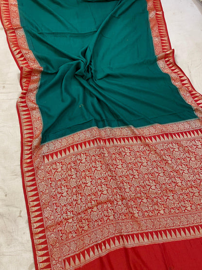 Bottle Green & Red Pure Banarasi Khaddi Moonga Silk Handloom Saree by Shades Of Benares - banarasi - banarasi saree shop