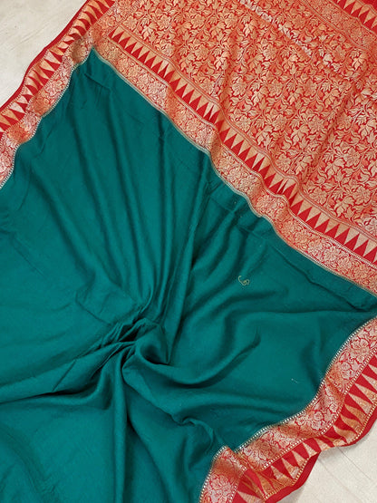 Bottle Green & Red Pure Banarasi Khaddi Moonga Silk Handloom Saree by Shades Of Benares - banarasi - banarasi saree shop