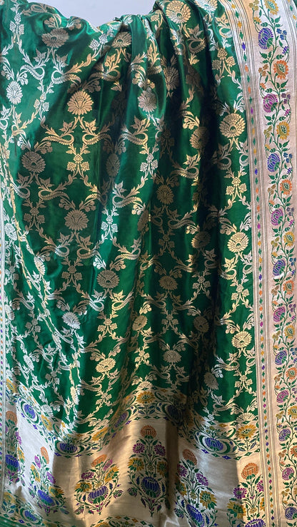 Bottle Green Pure Banarasi Katan Silk Handloom Kadhwa Paithani Saree by Shades Of Benares - banarasi - banarasi saree shop