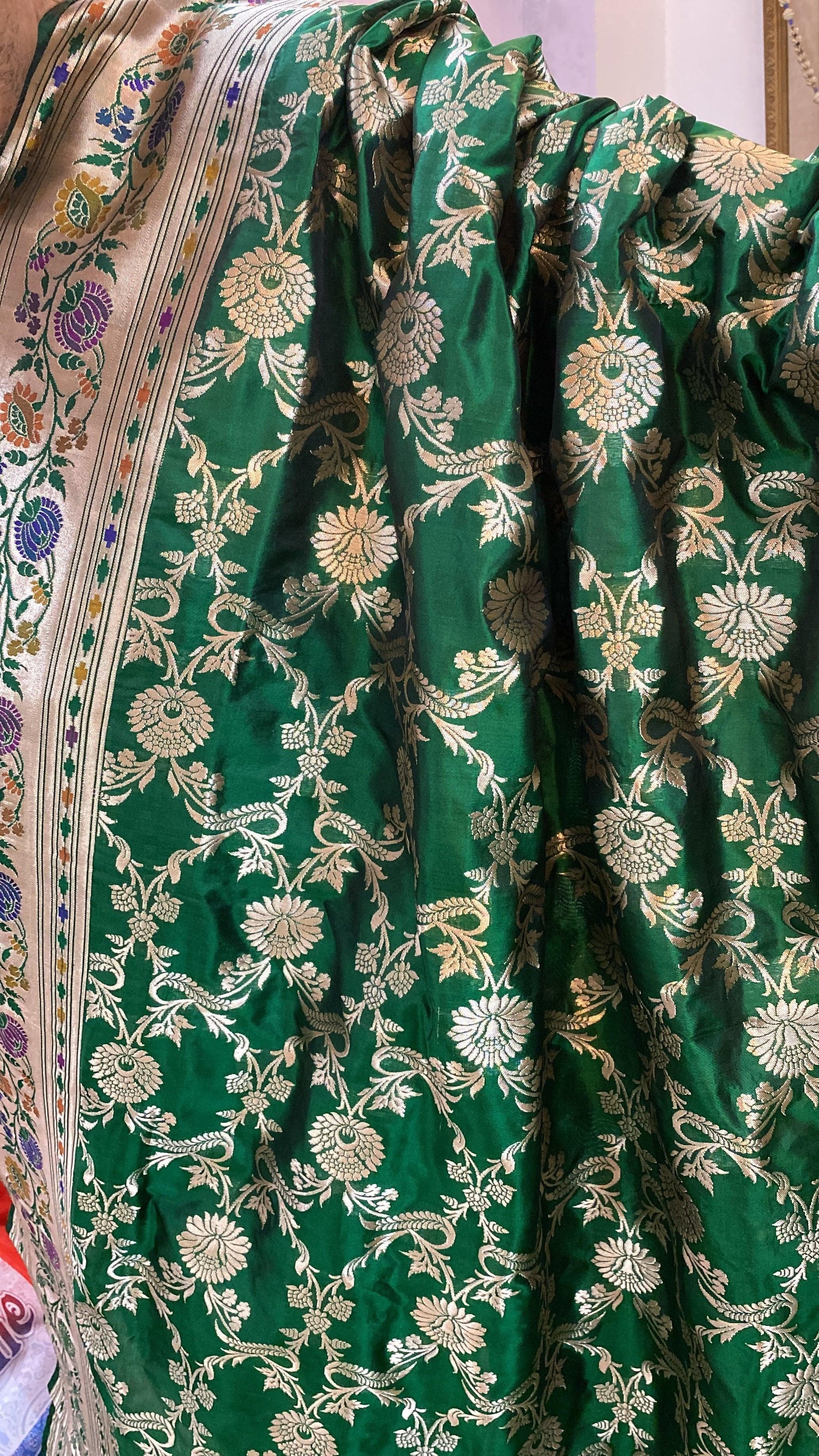 Bottle Green Pure Banarasi Katan Silk Handloom Kadhwa Paithani Saree by Shades Of Benares - banarasi - banarasi saree shop