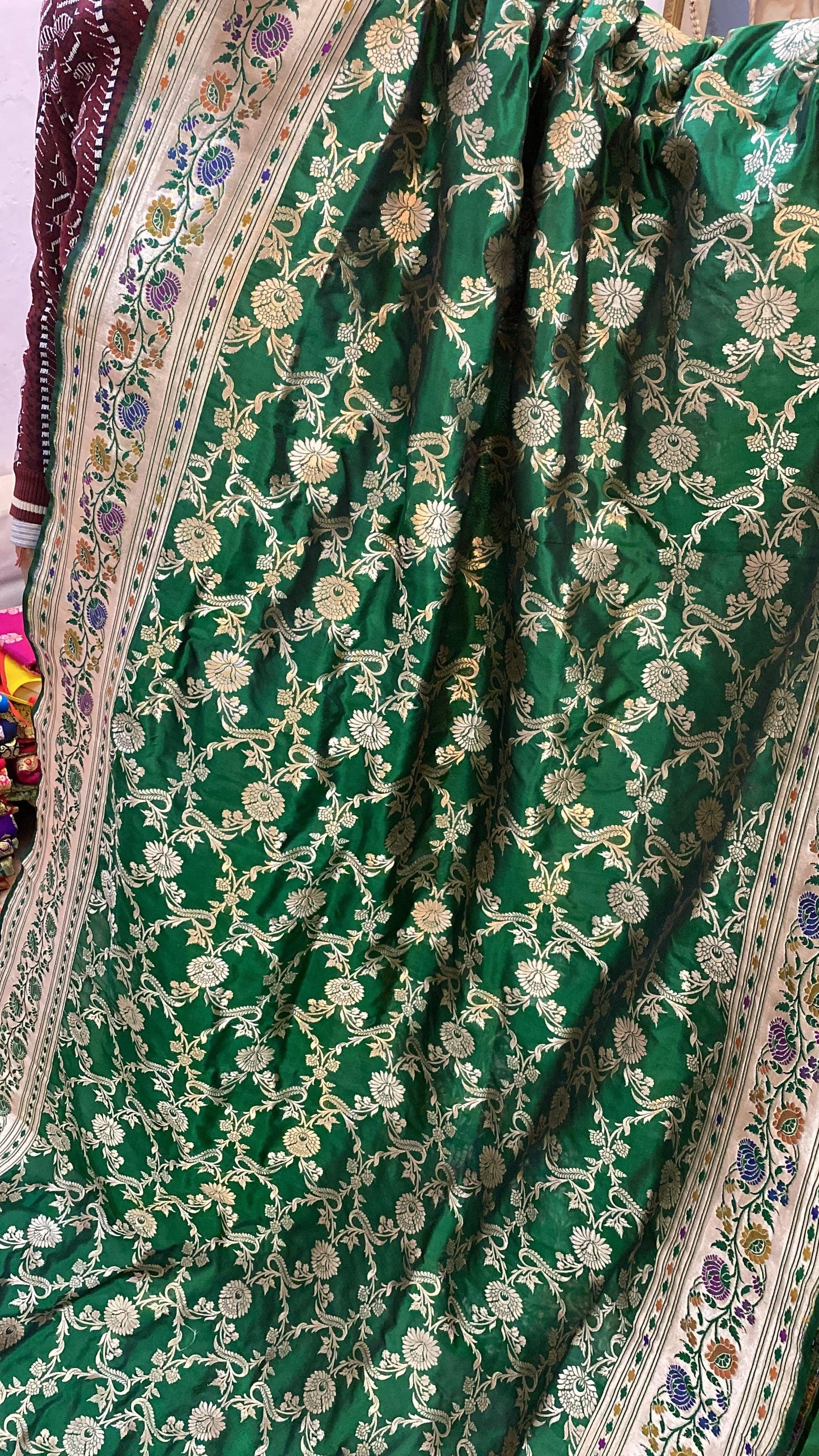 Bottle Green Pure Banarasi Katan Silk Handloom Kadhwa Paithani Saree by Shades Of Benares - banarasi - banarasi saree shop