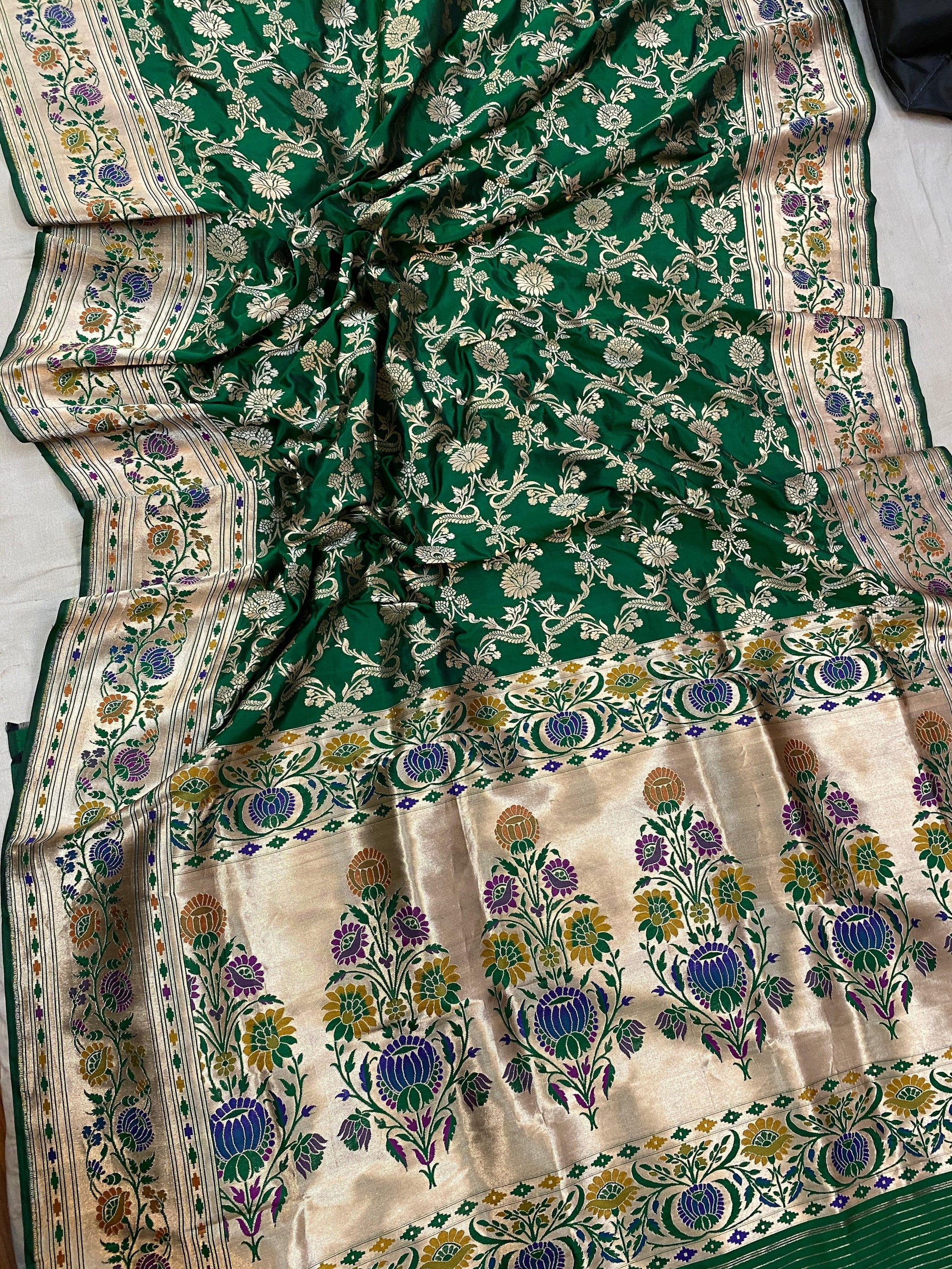 Bottle Green Pure Banarasi Katan Silk Handloom Kadhwa Paithani Saree by Shades Of Benares - banarasi - banarasi saree shop