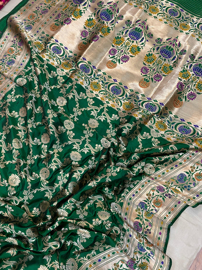 Bottle Green Pure Banarasi Katan Silk Handloom Kadhwa Paithani Saree by Shades Of Benares - banarasi - banarasi saree shop