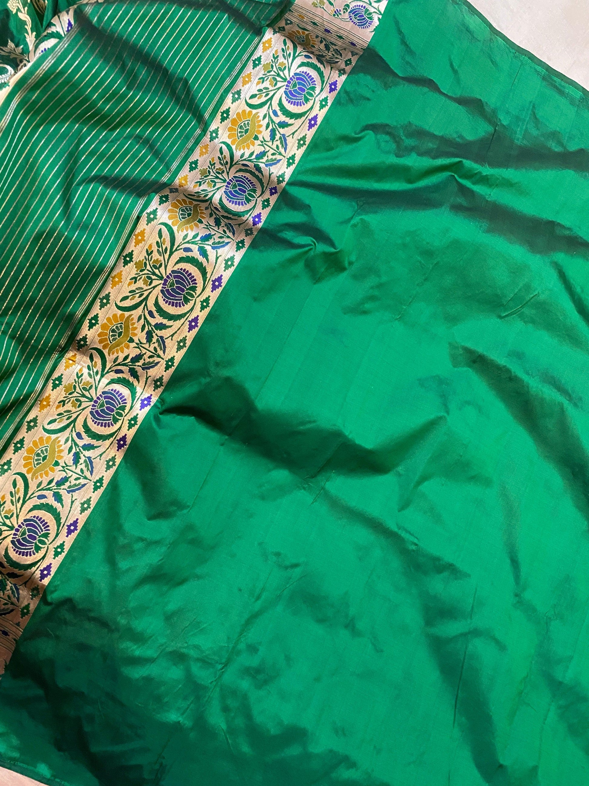 Bottle Green Pure Banarasi Katan Silk Handloom Kadhwa Paithani Saree by Shades Of Benares - banarasi - banarasi saree shop