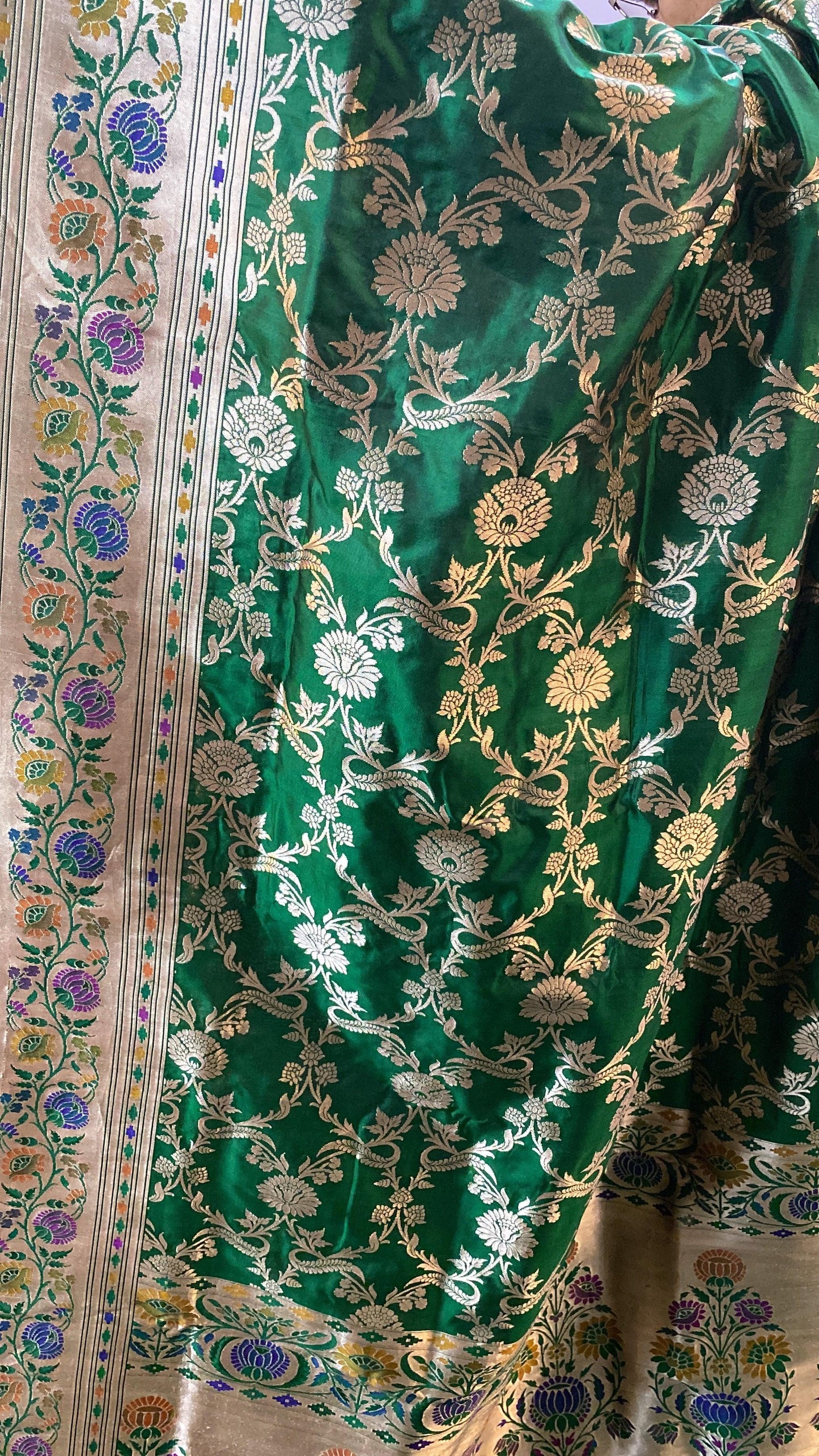 Bottle Green Pure Banarasi Katan Silk Handloom Kadhwa Paithani Saree by Shades Of Benares - banarasi - banarasi saree shop