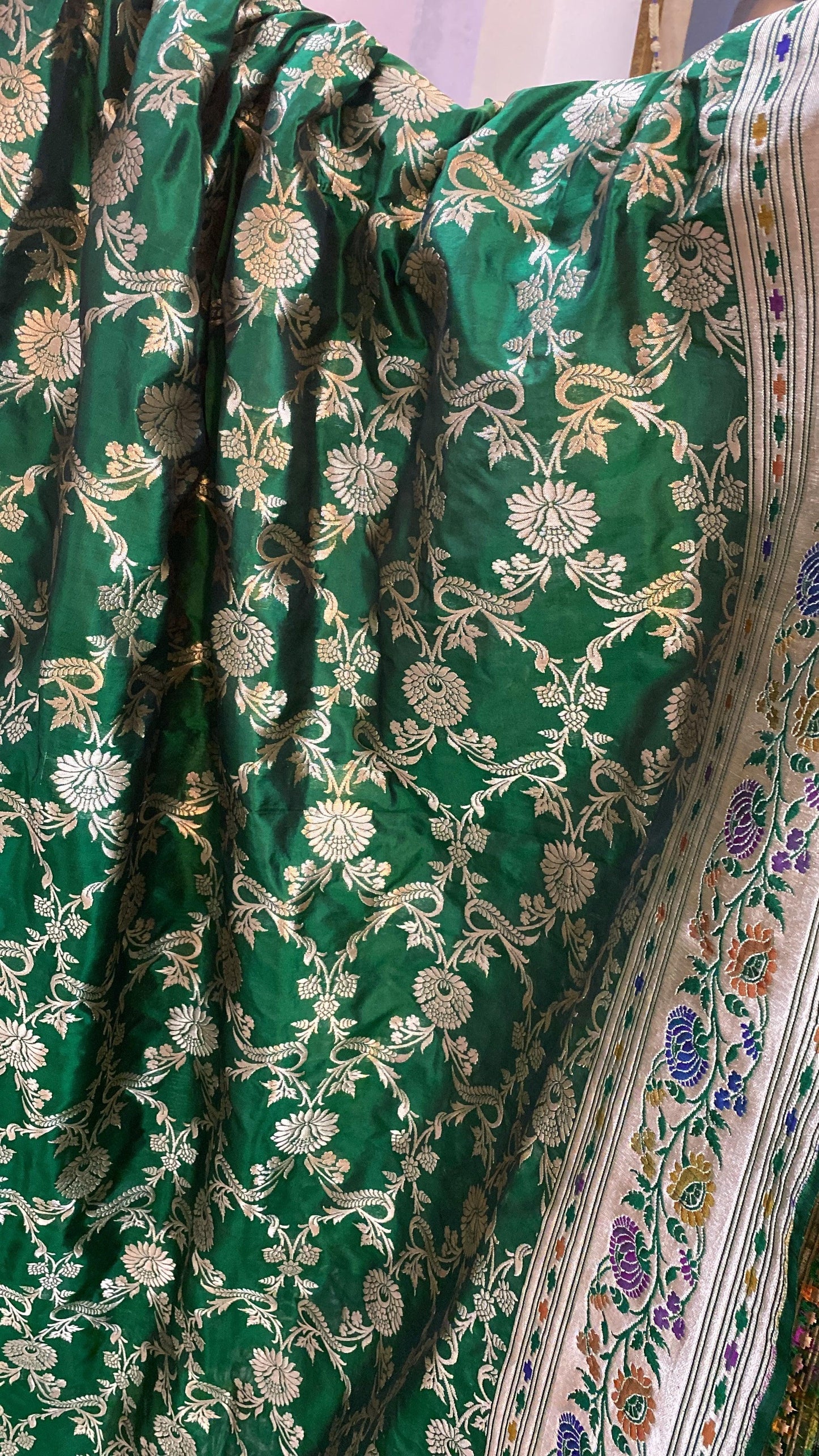 Bottle Green Pure Banarasi Katan Silk Handloom Kadhwa Paithani Saree by Shades Of Benares - banarasi - banarasi saree shop