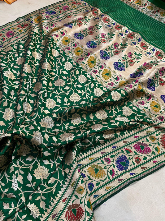 Bottle Green Pure Banarasi Katan Silk Handloom Saree by Shades Of Benares - banarasi - banarasi saree shop