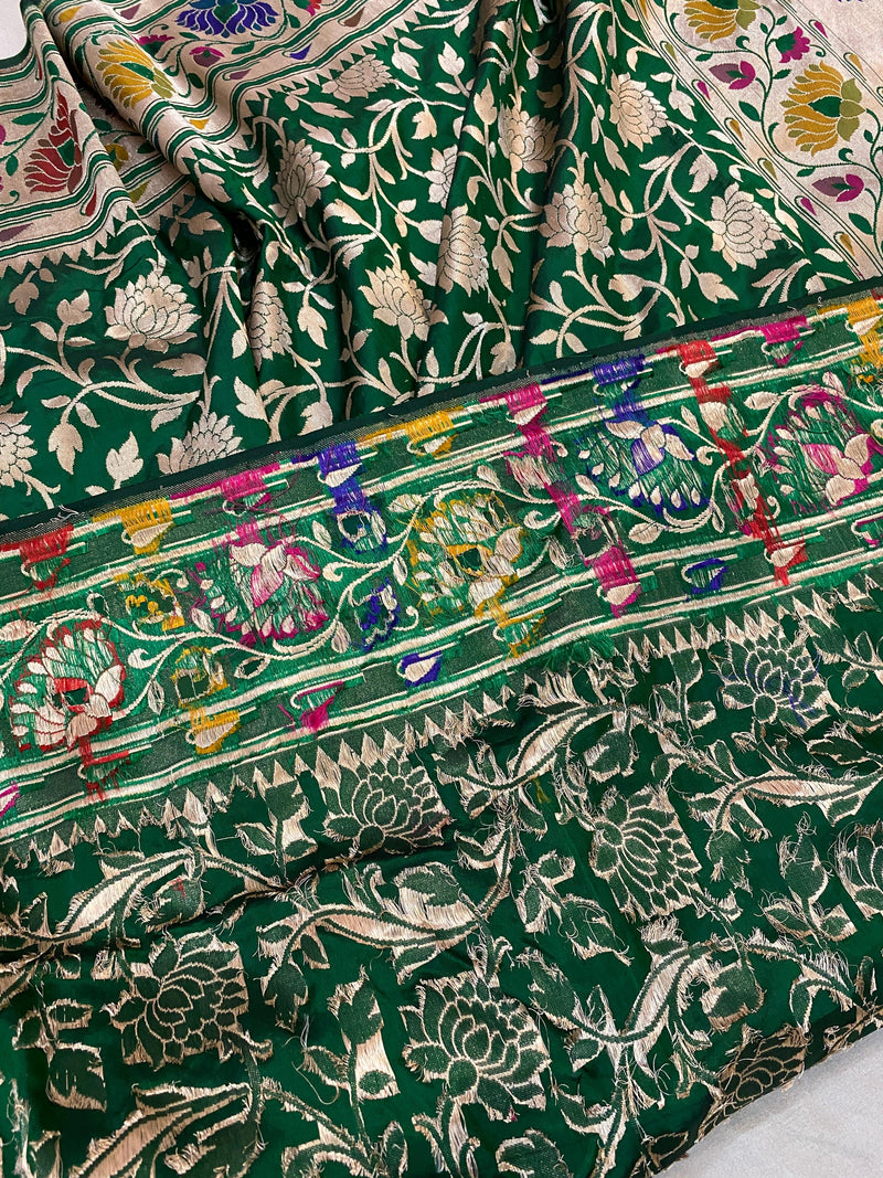 Bottle Green Pure Banarasi Katan Silk Handloom Saree - Shades Of Benares