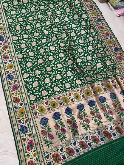 Bottle Green Pure Banarasi Katan Silk Handloom Saree by Shades Of Benares - banarasi - banarasi saree shop