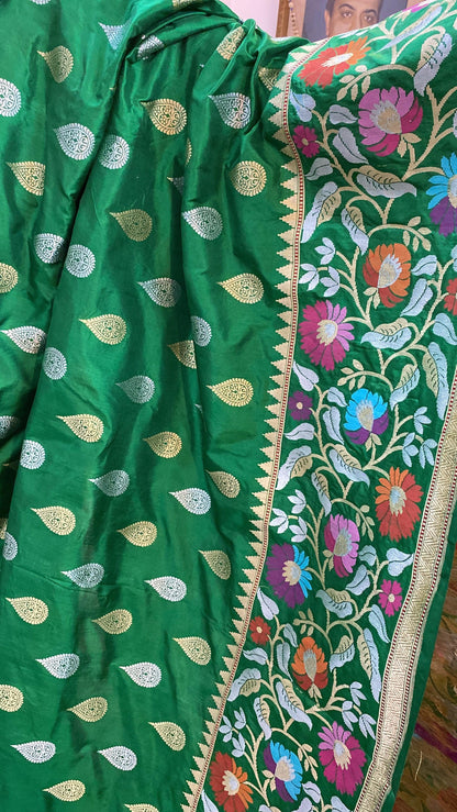 Bottle Green Pure Banarasi Katan Silk Handloom Saree by Shades Of Benares - banarasi - banarasi saree shop