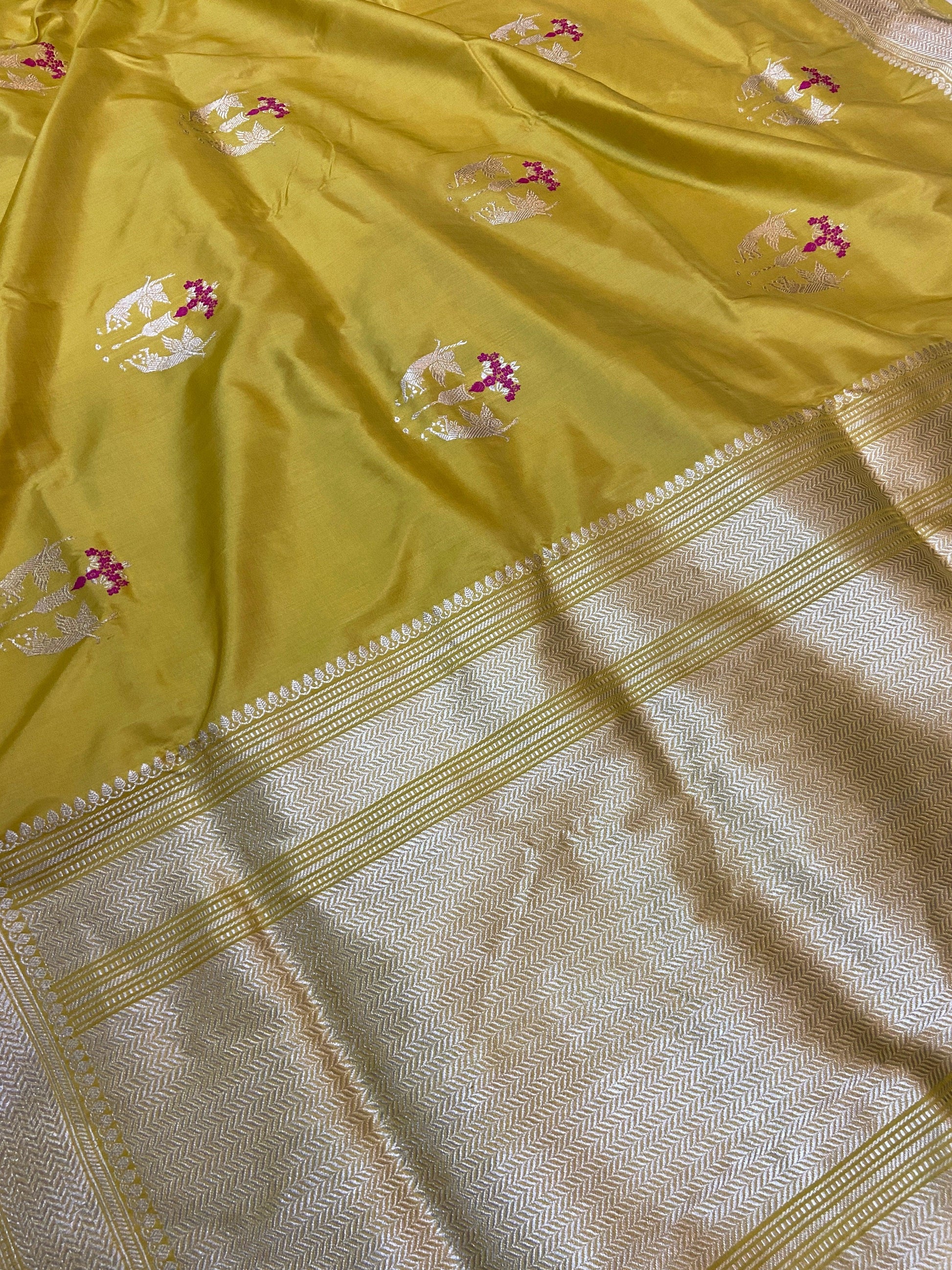 Bright Yellow Pure Banarasi Katan Silk Handloom Saree- Kadhwa Figures by Shades Of Benares - banarasi - banarasi saree shop