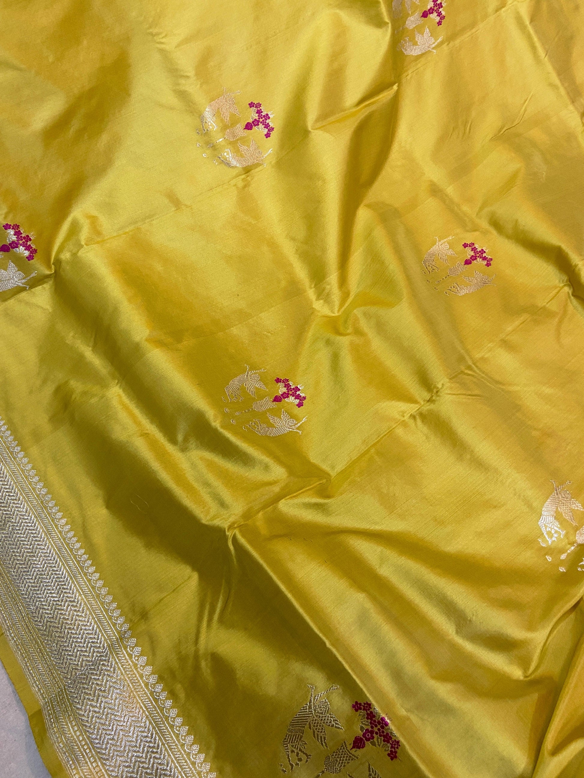 Bright Yellow Pure Banarasi Katan Silk Handloom Saree- Kadhwa Figures by Shades Of Benares - banarasi - banarasi saree shop