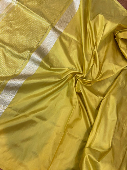 Bright Yellow Pure Banarasi Katan Silk Handloom Saree- Kadhwa Figures by Shades Of Benares - banarasi - banarasi saree shop