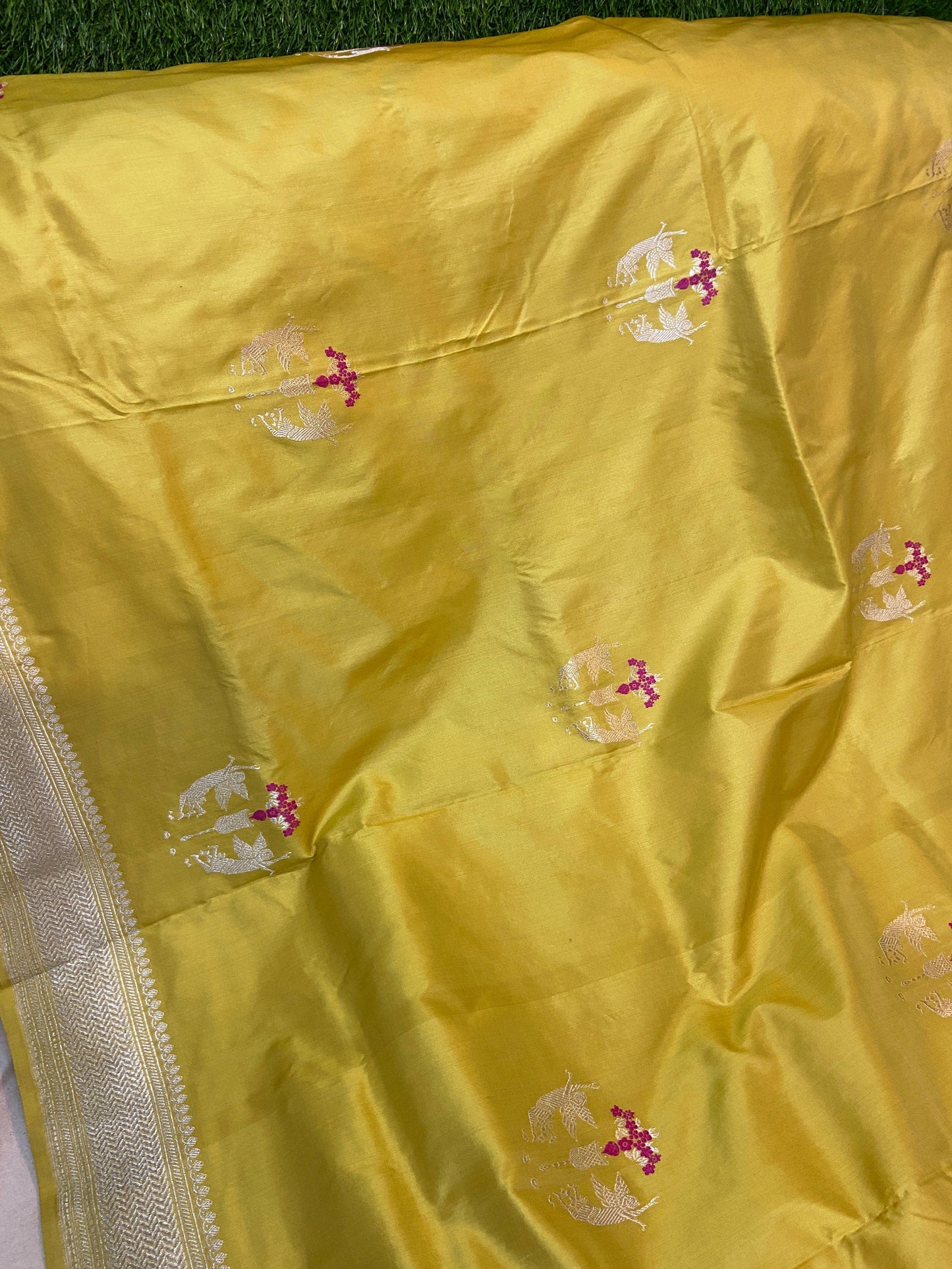 Bright Yellow Pure Banarasi Katan Silk Handloom Saree- Kadhwa Figures by Shades Of Benares - banarasi - banarasi saree shop