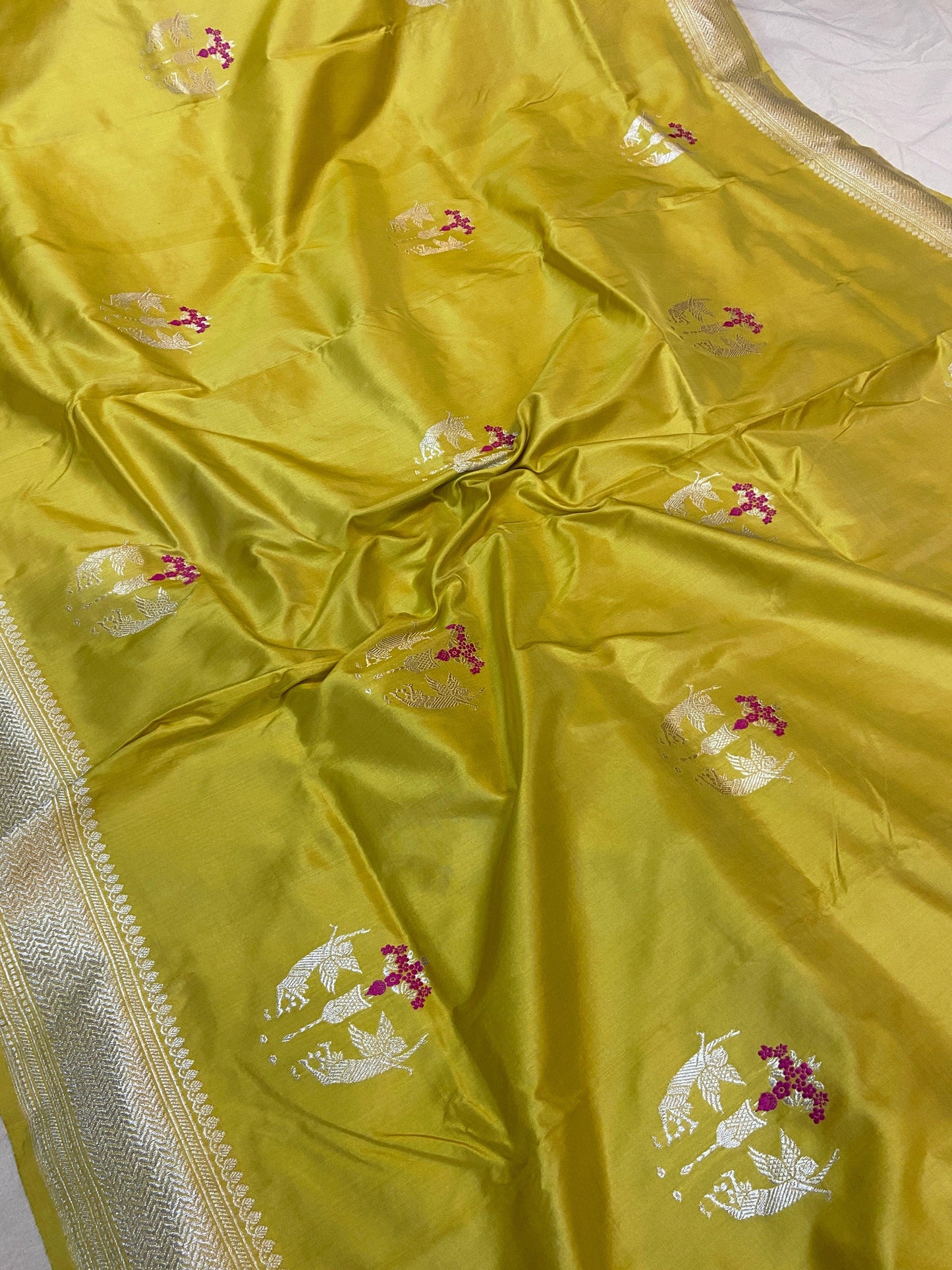 Bright Yellow Pure Banarasi Katan Silk Handloom Saree- Kadhwa Figures by Shades Of Benares - banarasi - banarasi saree shop