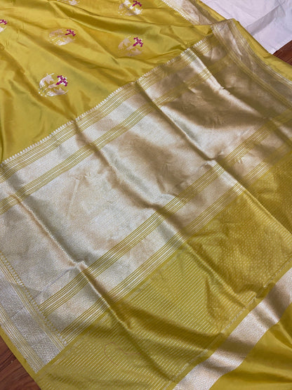 Bright Yellow Pure Banarasi Katan Silk Handloom Saree- Kadhwa Figures by Shades Of Benares - banarasi - banarasi saree shop