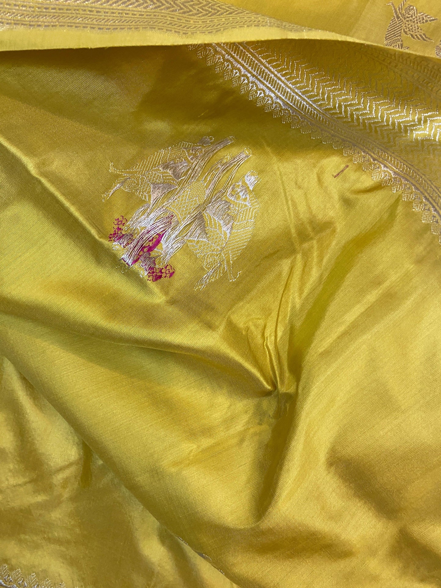 Bright Yellow Pure Banarasi Katan Silk Handloom Saree- Kadhwa Figures by Shades Of Benares - banarasi - banarasi saree shop